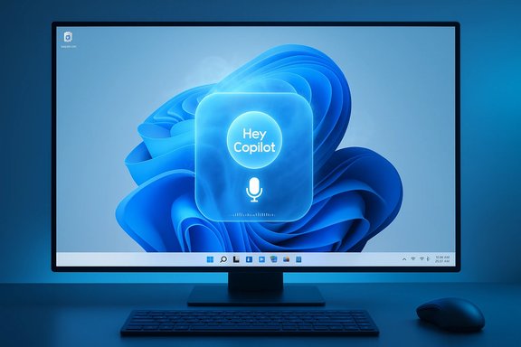 Blue-tinted desk setup with a monitor showing a “Hey Copilot” microphone icon.