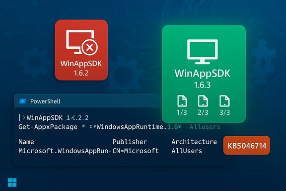 A tech desktop with WinAppSDK 1.6.2 red tile and WinAppSDK 1.6.3 green tile, PowerShell output, and KB5046714 badge.