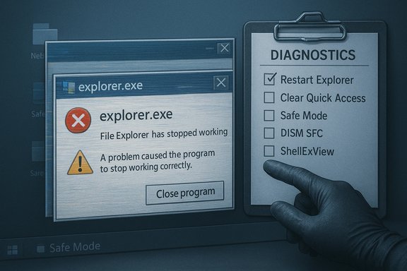 Windows error: explorer.exe has stopped working, with a diagnostics checklist on the clipboard.
