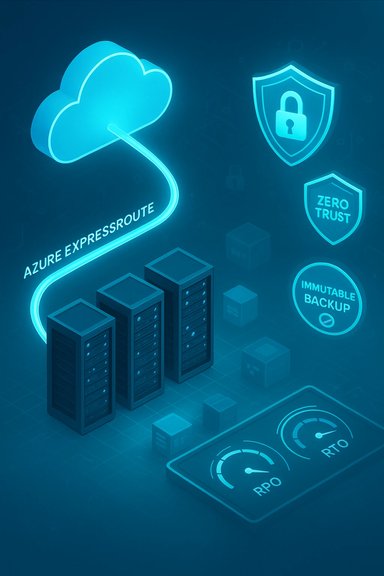 Azure ExpressRoute cloud connects secure servers with zero-trust, immutable backup, and RPO/RTO.