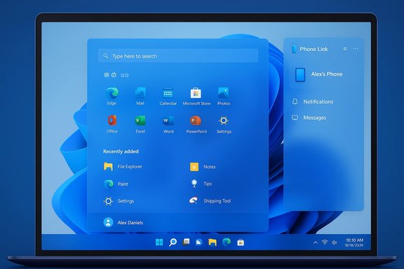 Windows 11-style laptop desktop with Start Menu and Phone Link panel.