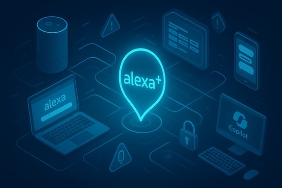 A glowing blue Alexa+ location pin sits at the center of a connected network of devices.