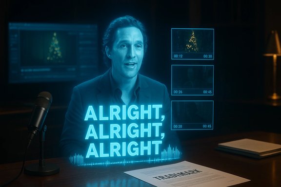 A man in a suit sits at a desk as a blue holographic display repeats “ALRIGHT, ALRIGHT, ALRIGHT.” A man in a suit sits at a desk as a blue holographic display repeats “ALRIGHT, ALRIGHT, ALRIGHT.”