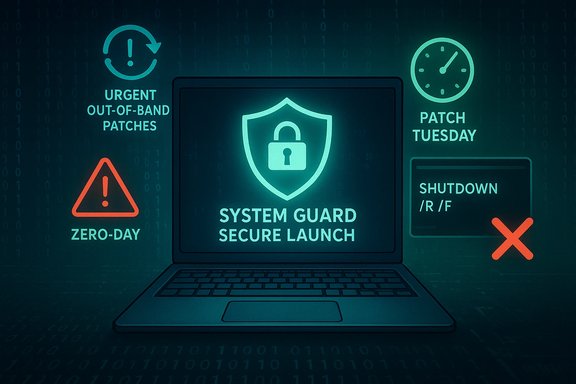 Cybersecurity dashboard on a laptop showing System Guard Secure Launch amid urgent patches, zero-days, and Patch Tuesday.