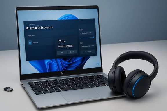 A laptop displays Bluetooth & devices settings with a wireless headset resting beside it on the desk.