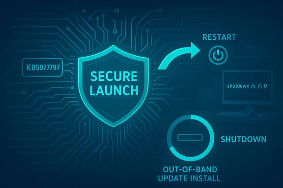 A glowing shield reading 'SECURE LAUNCH' sits among circuit lines with restart and shutdown icons.