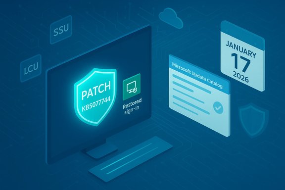 Digital illustration of a software patch (KB5077744) for restoring sign-in and Microsoft Update Catalog.