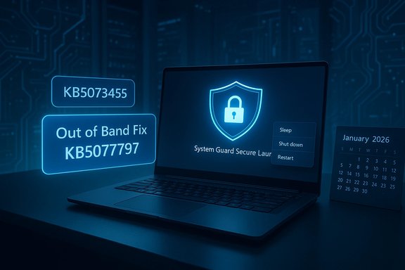 Blue cyber security scene: laptop screen shows a shield lock, patch notes, and a January 2026 calendar.