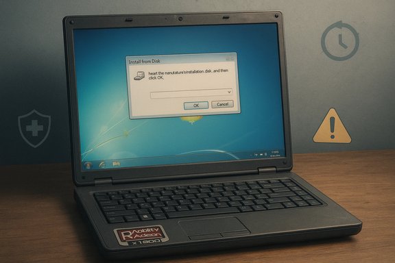 An old Windows laptop displays a garbled install-from-disk dialog on its desktop.