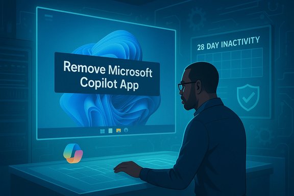 A man sits at a futuristic desk, removing the Microsoft Copilot app on a large screen.