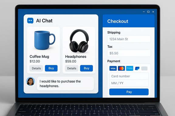 Laptop screen shows an AI Chat shopping UI with a Coffee Mug and Headphones beside a Checkout form.