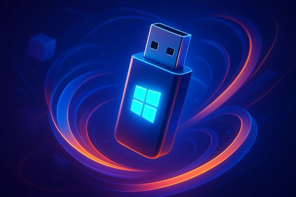 A neon-lit USB flash drive with a glowing Windows logo, set against swirling blue and orange light trails.