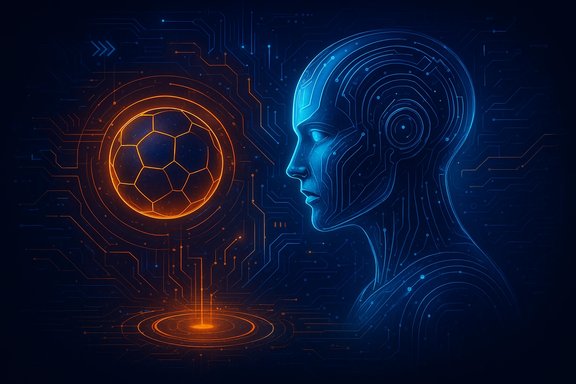 A blue, circuit-patterned humanoid head watches a glowing orange soccer ball.