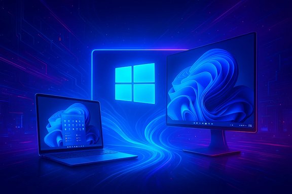 Neon-blue tech setup with a laptop and a large monitor displaying Windows.