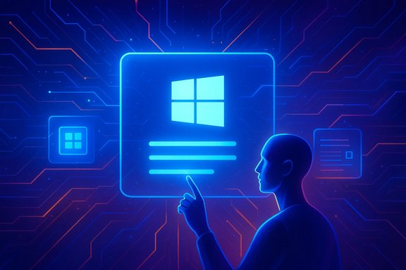 Neon silhouette interacts with a glowing Windows-style interface against a circuit-board backdrop.