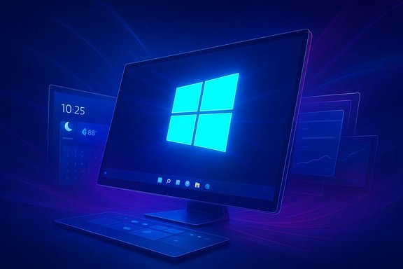 This blue Windows desktop setup features a glowing Windows logo and translucent floating screens.