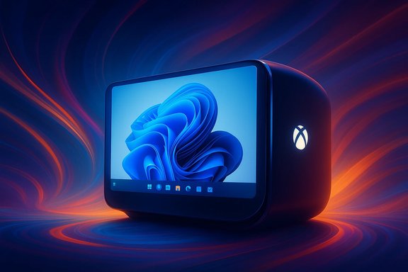 A futuristic handheld Xbox-style device with a built-in screen and glowing logo against a vivid blue–orange backdrop.