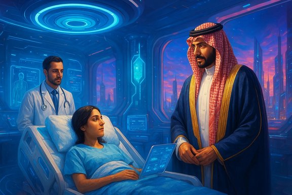 Patient in a high-tech hospital bed consults with a doctor as a man in traditional Arab attire stands nearby.