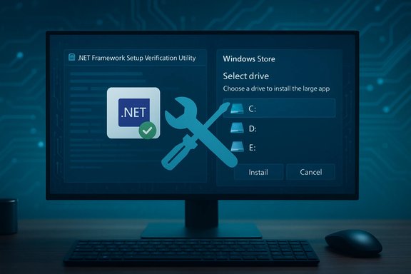 A computer monitor displays .NET Framework setup utility alongside Windows Store drive selection.