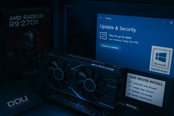 Sapphire Radeon R9 270X GPU in a PC, beside a Windows Update screen and driver notes.