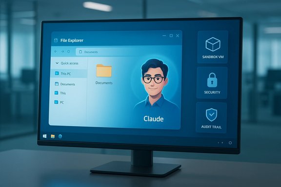 Blue-tinted Windows-like desktop shows a Claude avatar in File Explorer with security widgets.
