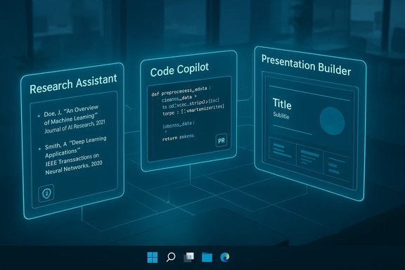 Three holographic panels display Research Assistant, Code Copilot, and Presentation Builder.
