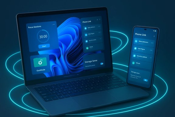 A laptop and smartphone display synchronized blue UI panels in a neon-lit wireless setup.