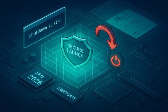 Futuristic cybersecurity concept: a Secure Launch shield on a circuit board with shutdown and power icons.