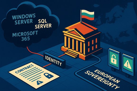 EU sovereignty illustrated: a government building linked to cloud services via identity and contracts.