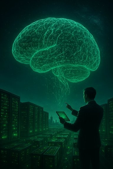 A researcher in a data center studies a glowing brain hologram above server racks.
