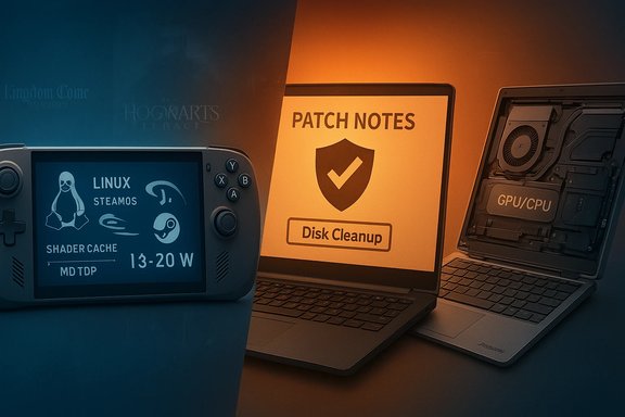 SteamOS handheld on the left, patch notes displayed center, and a laptop showing exposed GPU/CPU on the right.
