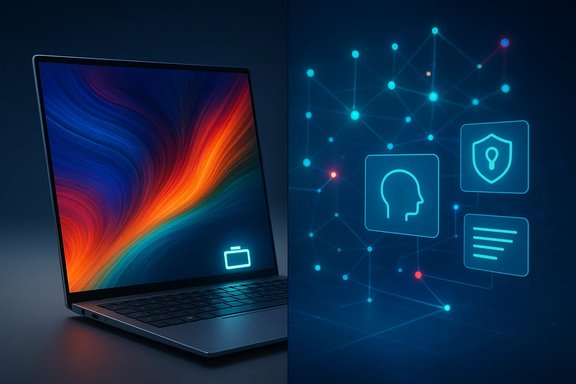 A sleek laptop sits beside glowing neon icons representing security and digital identity protection.