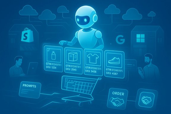 A robot assistant arranges holographic product tiles in a futuristic online storefront.