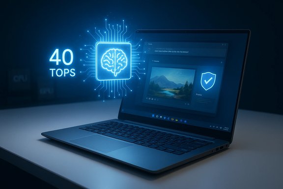 Laptop glows with a blue AI brain graphic and 40 TOPS processing power.