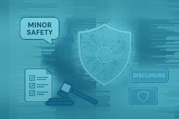 A blue safety-themed illustration with a shield, gavel, checklist, and 'MINOR SAFETY' and 'DISCLOSURE' labels.