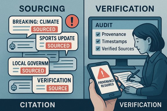 Split-screen: Sourcing on the left and Verification on the right with an audit checklist.