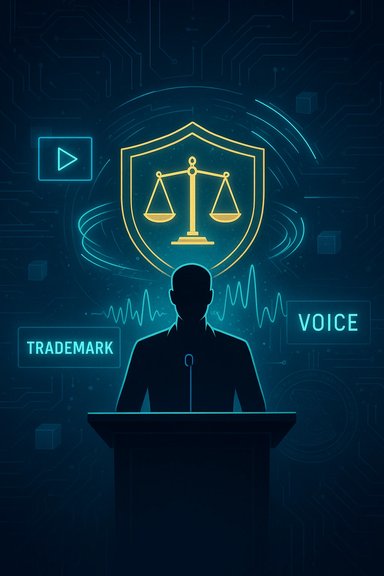 Silhouette at podium beneath glowing scales emblem, amid a digital backdrop about trademark and voice. Silhouette at podium beneath glowing scales emblem, amid a digital backdrop about trademark and voice.