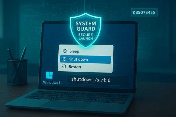 A laptop shows a glowing System Guard shield with 'Secure Launch,' and a highlighted Shut down option.