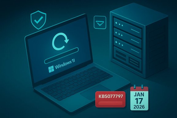 Windows 11 update active on a server, featuring KB5077797 and Jan 17, 2026.