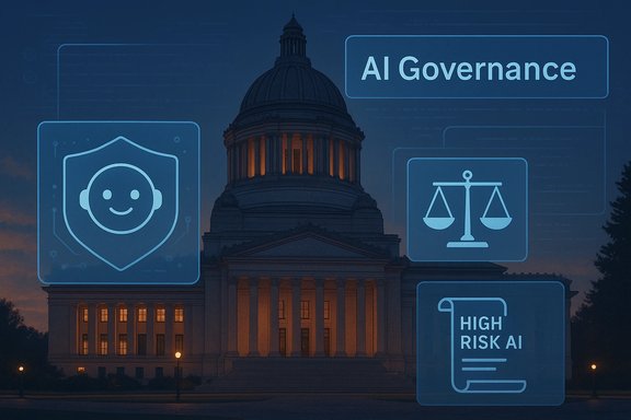 Night view of a capitol building with floating AI governance icons.