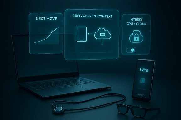 Futuristic tech setup showing cross-device context via holographic panels above a laptop and phone.