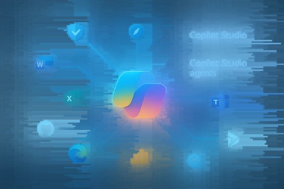 A neon Copilot Studio logo radiates at center, linked to Word, Excel, and Teams icons.