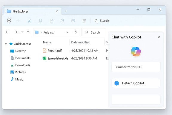 Windows 11 File Explorer showing two files and a Copilot chat panel on the right.