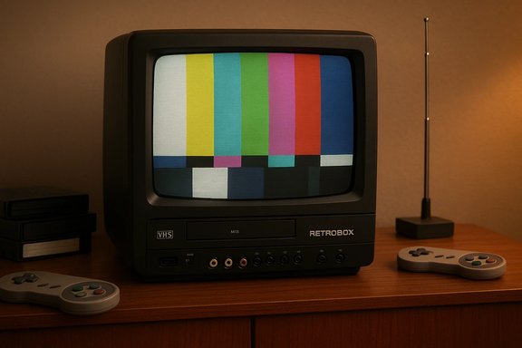 Vintage CRT TV displays color bars on a wooden cabinet, flanked by retro game controllers.