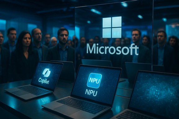 Microsoft display: laptops show Copilot and NPU as a crowd watches.
