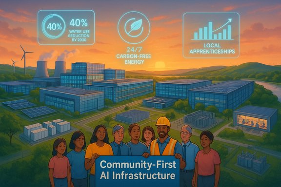 Diverse group stands before a futuristic eco campus featuring AI infrastructure.
