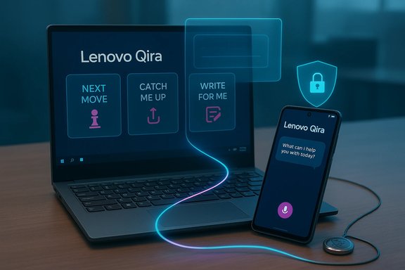 Lenovo Qira AI assistant shown on a laptop and smartphone with neon, futuristic UI.