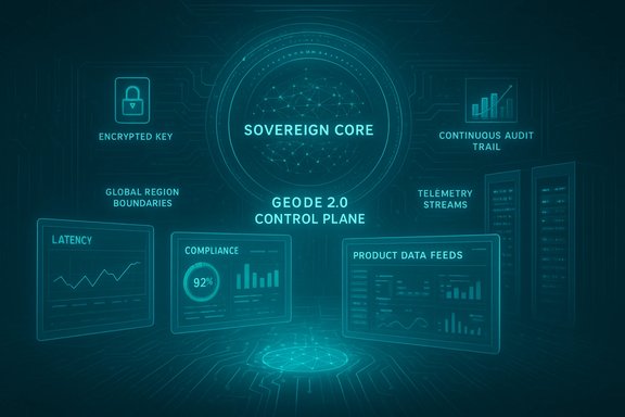 A futuristic teal holographic dashboard showing the Sovereign Core and Geode 2.0 control plane.