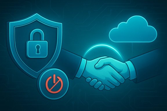 Handshake beside a security shield and cloud icon, symbolizing secure cloud collaboration.