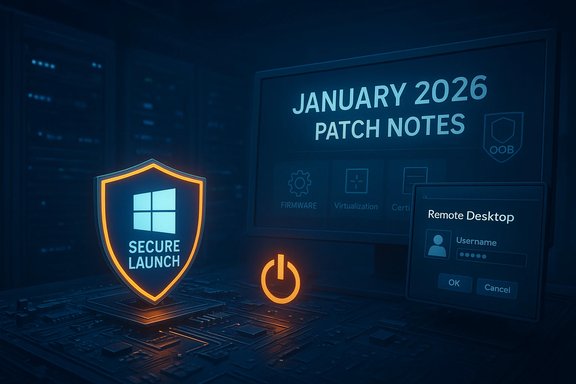 A glowing shield labeled 'Secure Launch' sits beside a monitor showing January 2026 Patch Notes in a server room.